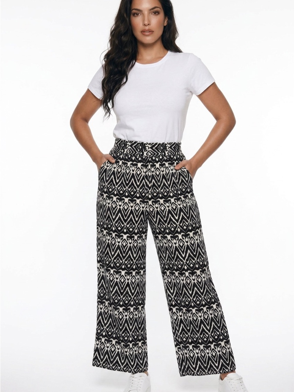 Rose & Olive Womens 1X Black White Aztec Print Wide Flowy Leg Palazzo Pants